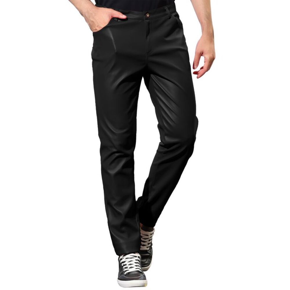 Men's Metallic Pants Slim Fit Night Club Disco Shiny Faux Leather Pants Black